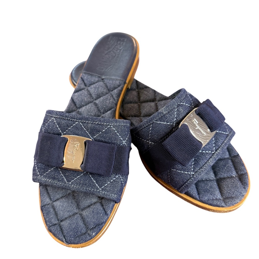 Salvatore Ferragamo Blue Quilted Sandals with Bow - Picture 7 of 7